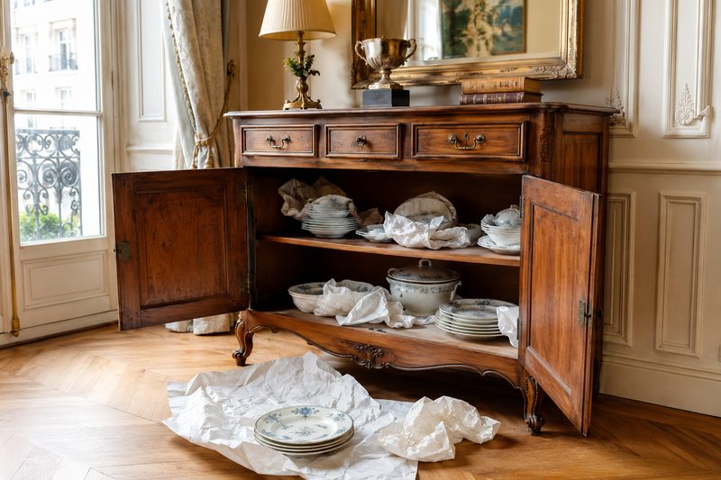 Service en porcelaine emballé dans du papier de soie devant un buffet ancien