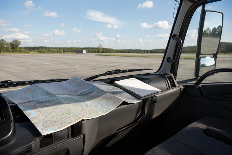 Carte routière et carnet sur le tableau de bord d’un camion avant un long trajet