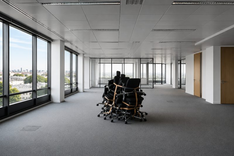 Plateau de bureaux vidé, chaises empilées et sanglées avant transfert