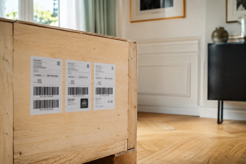 Étiquettes d’expédition sur une caisse en bois pour un déménagement international