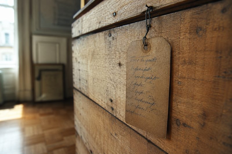 Fiche d’inventaire accrochée au flanc d’une caisse de garde-meuble