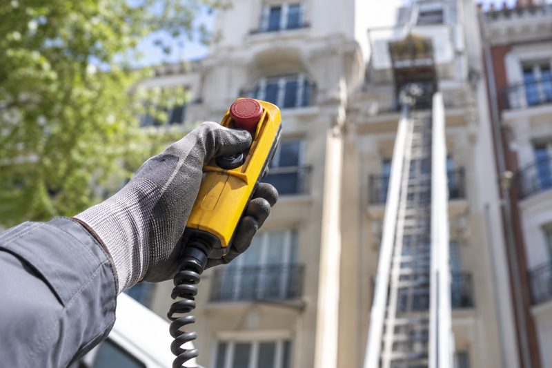 Opérateur tenant la télécommande filaire d’un monte-meuble