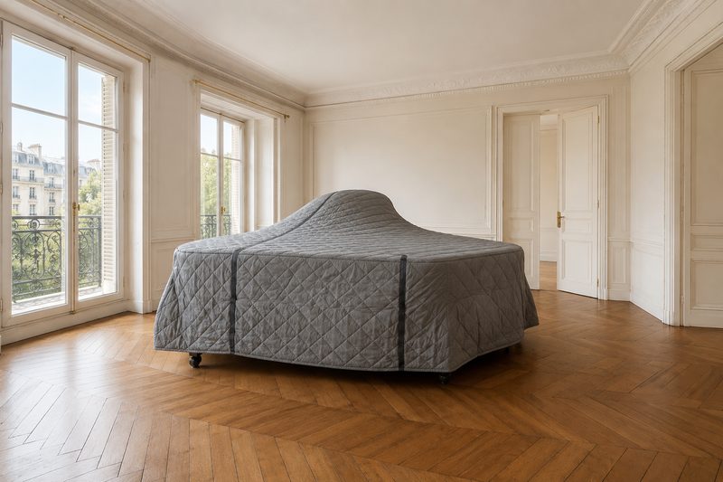 Piano à queue enveloppé dans une housse matelassée et sanglé