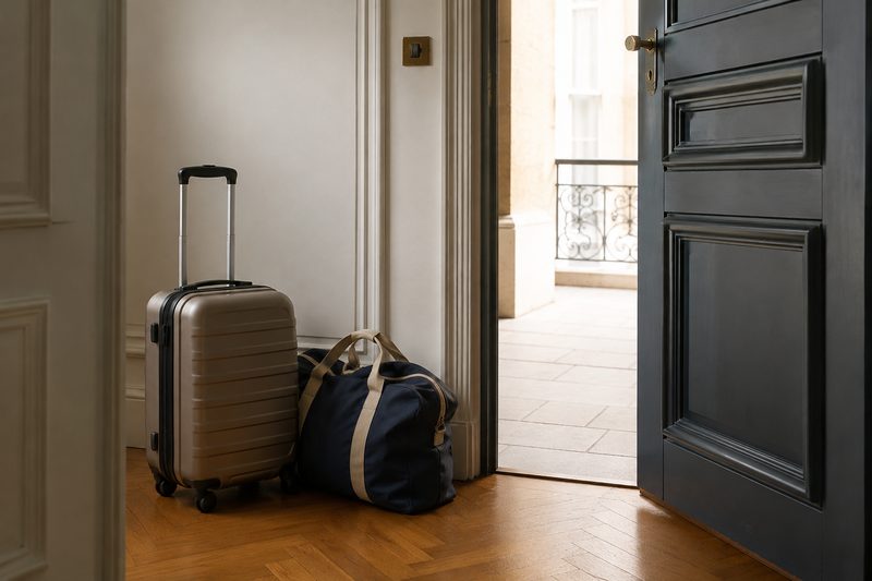 Valise et sac prêts près de la porte pour un déménagement de petit volume